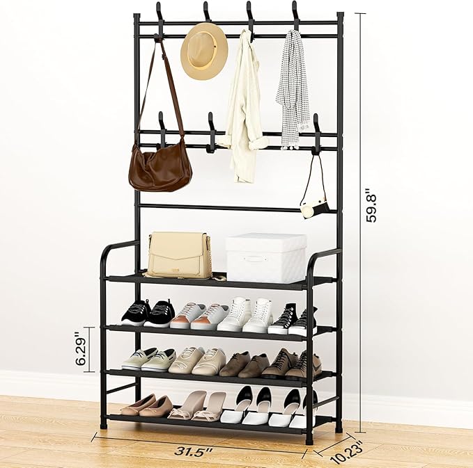darsun 31.5" Hall Tree, Shoe Storage Bench with 4 Tiers & 8 Hooks, Multipurpose Coat Rack for Entryway, Hallway, Bedroom, Office, Space Saving Organizer