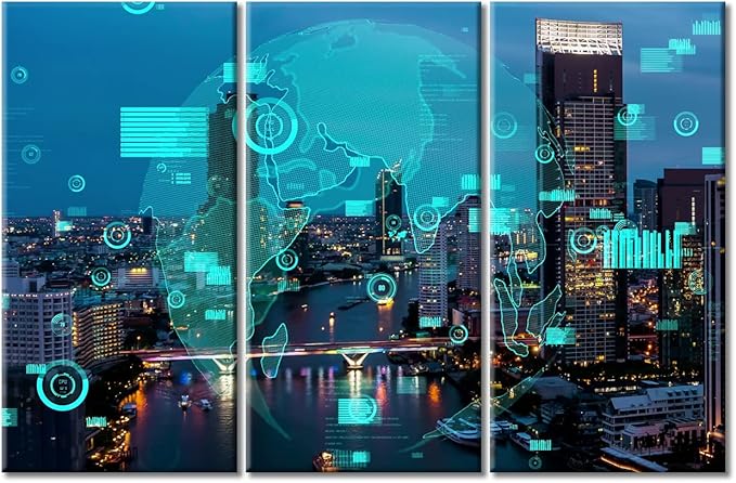 TUMOVO Artificial Intelligence Versus Big Data Pictures Wall Decor for Living Room 3 Piece Business Data Analytic Interface Smart City Black and White Wall Art Framed Ready to Hang (60" Wx40 H)