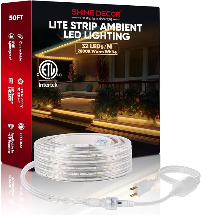 Shine Decor LED Strip Lights 36w Low Consumption, Cold Resistant IP65 Waterproof Outdoor Rope Light 120 VAC, Cuttable Connectable Indoor Lite Lighting Strip 50 FT ETL Listed 7x10mm 2800K Warm White