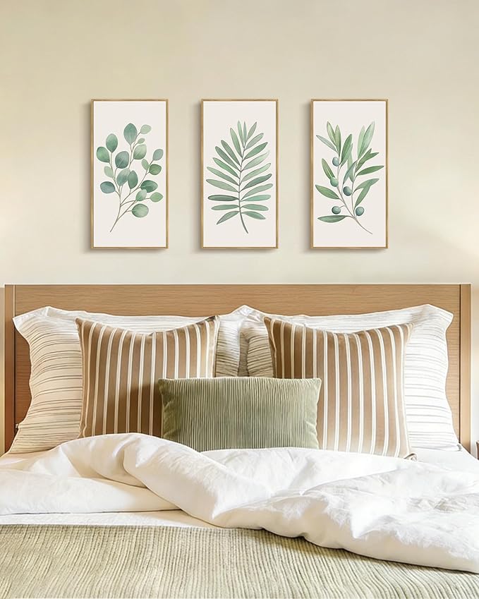 KUVIOKE Botanical Plant Wall Art Sage Eucalyptus Light Green Leaf Framed Wall Decor for Bedroom Living Room Bathroom Home Office Ready to Hang 8x10in3pcs Natural Framed