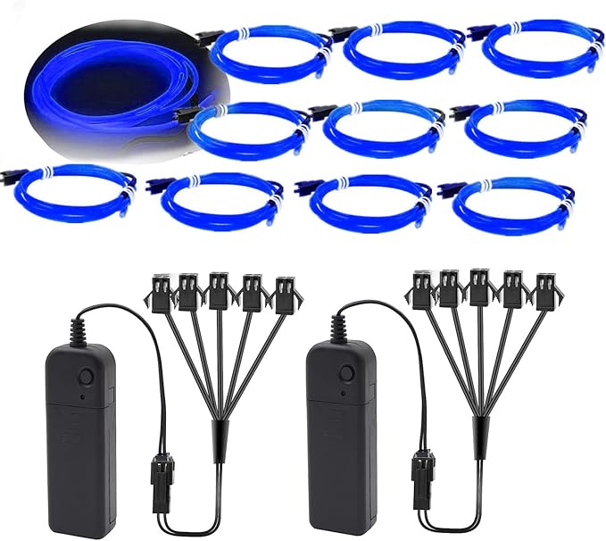 Ourbest 5in1 Electroluminescent Neon Strip Light Wire, EL Wire Lights Battery Pack for Cosplay Party Decoration 3Mode Stay/Slow/Fast Flash(10Pack 3Ft with 2 Battery Boxes Blue)