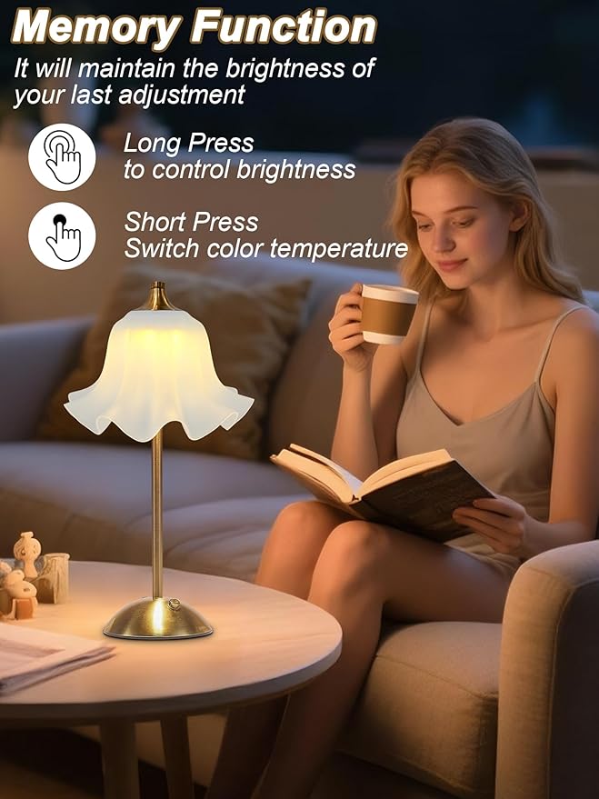 Cordless Table Lamp,Small Desk Lamp with 3 Color,Dimmable LED Reading Light,Touch Lamps for Nightstand,Vintage Flower Lamp for Bedroom Living Room Office Decor