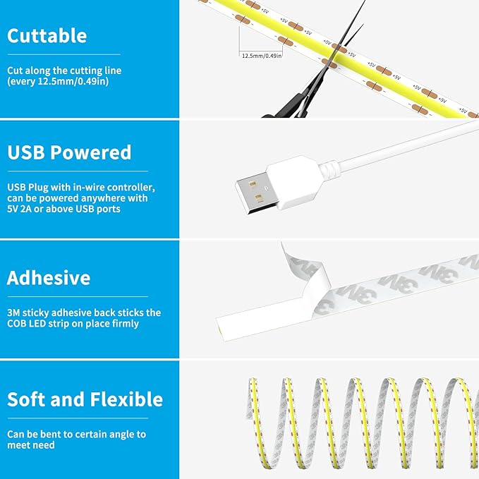 USB 5V COB LED Strip Lights 9.84ft/3M, Warm White 2700K Dimmable USB Powered Density COB Tape Flexible Cuttable LED Strip for TV Backlight, 3D Printer, RV, Sewing Machine, Bedroom, Mirror