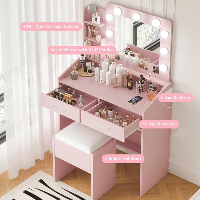 Vanity Desk with Lights and Mirror - Makeup Vanity Set with Power Outlet & USB Ports, 3 Lighting Modes, Adjustable Brightness, Includes 2 Drawers and Cushioned Stool, Small Dressing Table for Bedroom