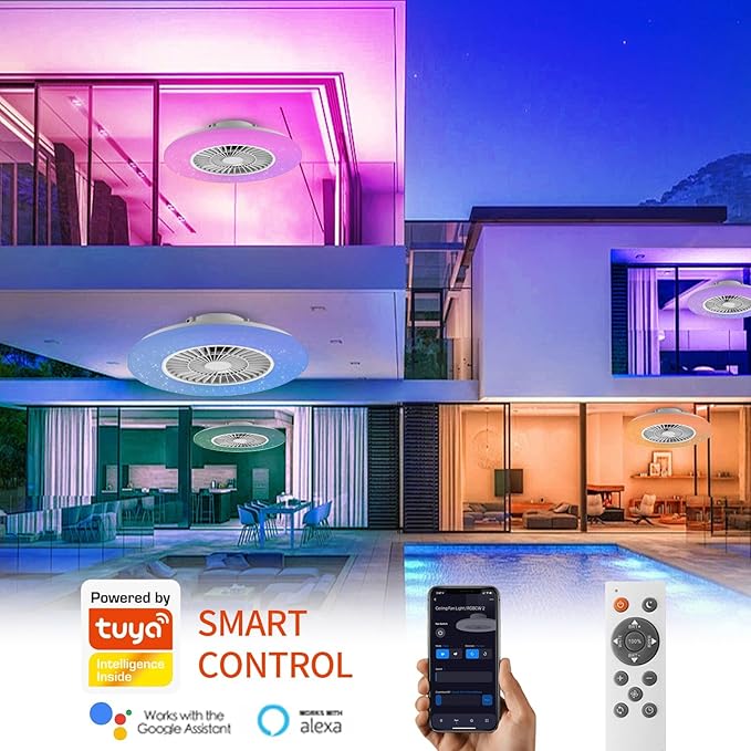 Ceiling Fans with Lights and Remote, 24'' Low Profile Ceiling Fan, RGB Ceiling Fan Lights, Stepless Dimming for Living Room, Dining Room, Bedroom