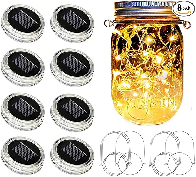 SunKite Solar Mason Jar Lights [Updated], 8 Pack 20 LED Waterproof Fairy Firefly Jar Lids String Lights with Hangers(NO Jars), Patio Yard Garden Wedding Decoration - Warm White