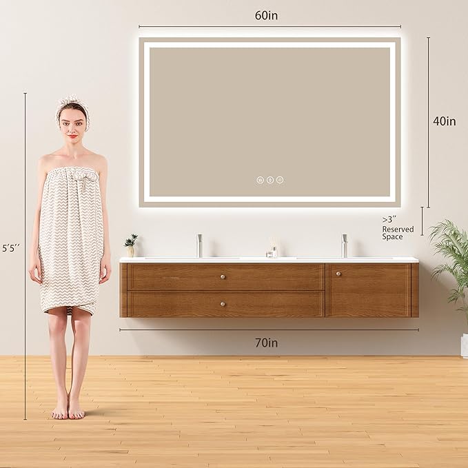 60x40 LED Bathroom Mirror with Lights - Dimmable, Anti-Fog, 3 Color Backlit & Front Lit Mirror for Bathroom, Shatter-Proof Tempered Glass, Easy Installation