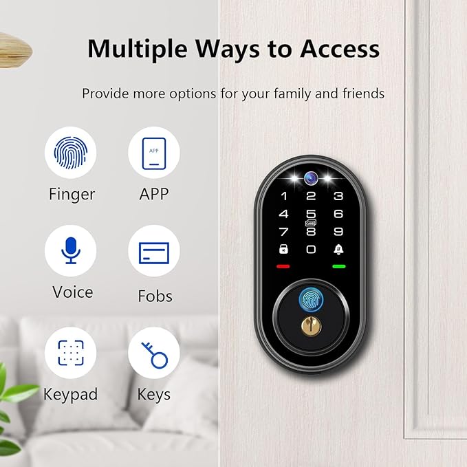 Smart Lock with Camera, Fingerprint Keyless Entry Deadbolt Lock, Built-in WiFi, Video Doorbell, Touchscreen Keypad, 2-Way Audio, Tuya APP, Waterproof, 8 AA Batteries, for Front Door