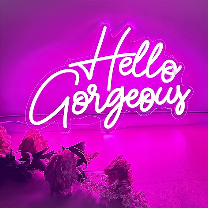 Hello Gorgeous LED Neon Sign Glow Night Light Neon Wall Birthday Party Wedding Bar Club Pink Background Decoration Dimmable Switch Daughter Women Mom Girl Gift USB Powered 5V