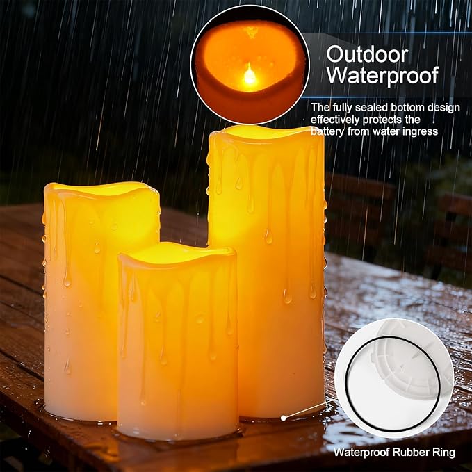 Amagic 3 Pack 4"x 6"8" 10" Outdoor Plastic Electric flameless Candles with Remote Control and Timer, Battery Operated Flickering LED Pillar Fake Candle for Home, Wedding Decor, Ivory