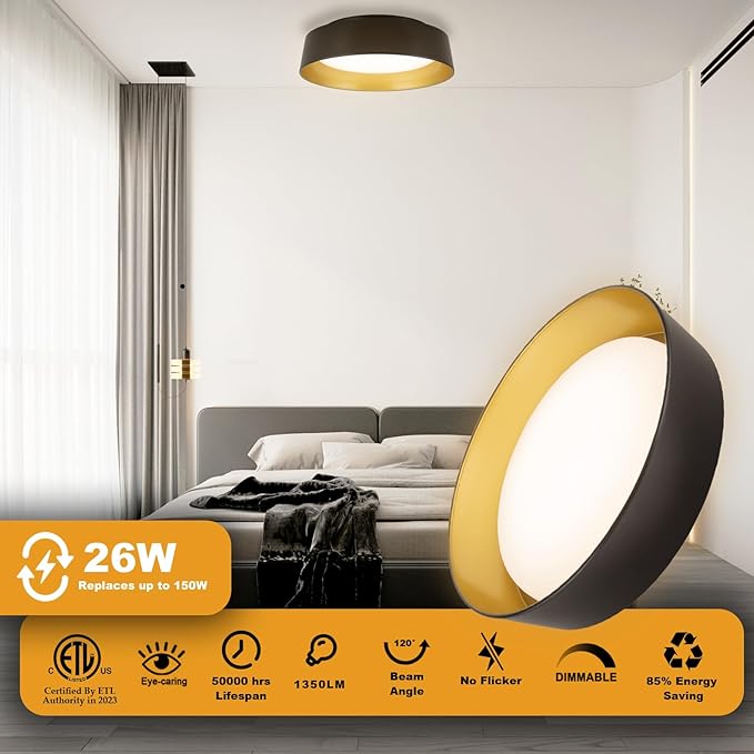 12.5 Inch LED Flush Mount Ceiling Light Fixture, 26W, Super Bright 1350 Lumen, 3 Color 3000K/4000K/5000K, Matt Black with Gold Inside, Dimmable Ceiling Lamp for Bedroom Hallway Bathroom Outdoor
