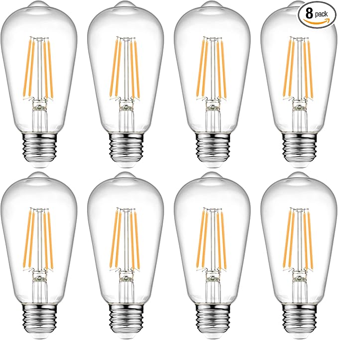 Ascher Vintage LED Edison Bulbs, 6W, Equivalent 60W, Non-Dimmable, Warm White 2700K, ST58 Antique LED Filament Bulbs with 80+ CRI, E26 Medium Base, Clear Glass, Pack of 8
