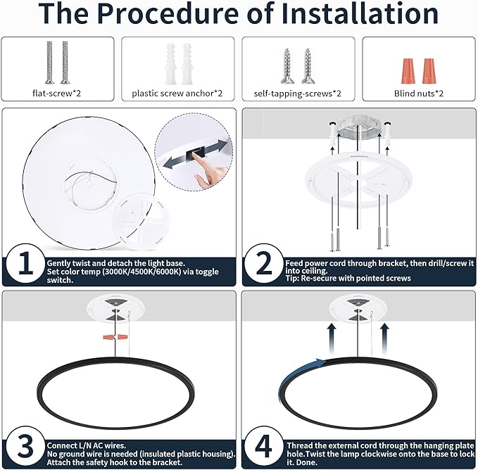 MOONSEA 24 Inch Flush Mount Ceiling Light Fixture 48W - 3000K/4500K/6000K Adjustable Round Large Kitchen Light Fixtures Ceiling 4800lm, Dimmable Light Fixtures for Bedroom, Black