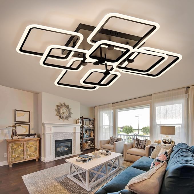Dimmable Modern LED Ceiling Light 8-Square Black Flush Mount LED Ceiling Light with Remote for Living Room Bedroom Close to Ceiling Light Fixture