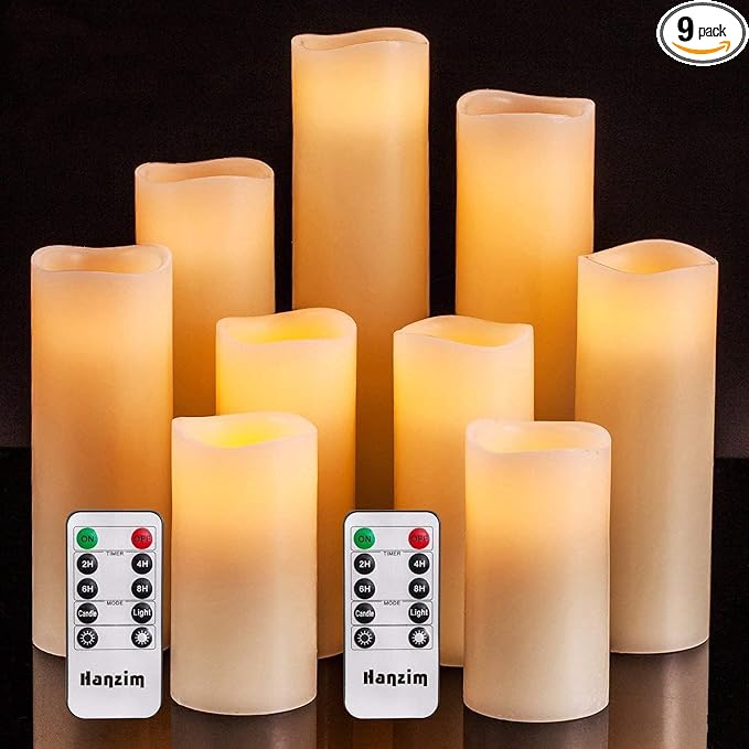 Hanzim Flameless Flickering Battery Operated Candles D2.2''*H4 5" 6" 7" 8" 9" Set of 9 Ivory Real Wax Pillar LED Candles with 10-Key Remote and Cycling 24 Hours Timer (Ivory)