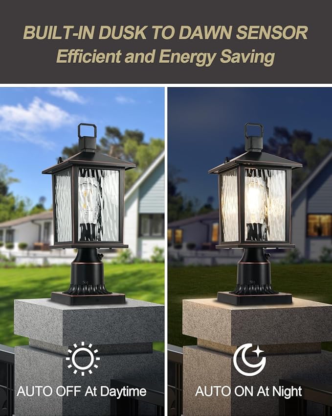 Dusk to Dawn Outdoor Post Light, Hardwired Oil-Rubbed Bronze Pole Lantern with Pier Mount Base, Water Ripple Glass, 17'' Waterproof Lamp Post Light Fixture for Driveway, Pathway, Yard