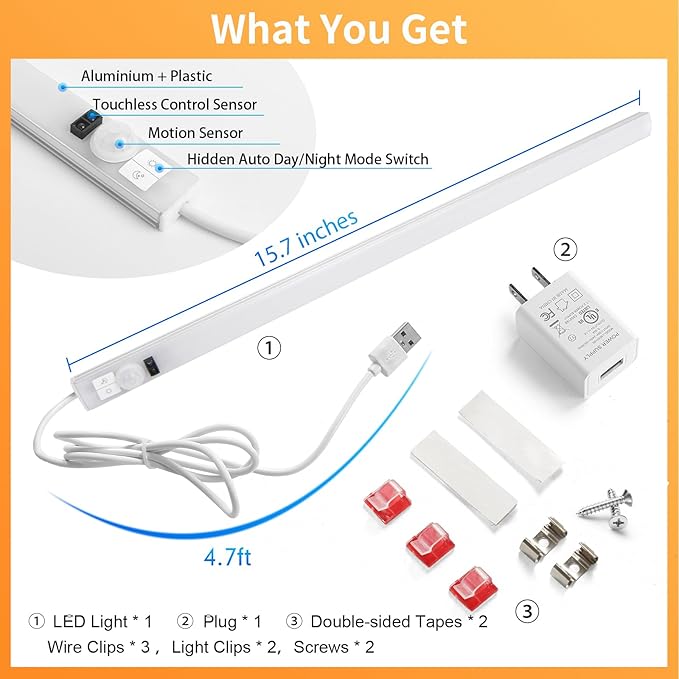 Improved 15.7" Touchless USB Plug-in LED Motion Sensor Under Cabinet Light, Super Bright & Dimmable, Motion Sensor Light Indoor for Kitchen, Cabinet, Closet, Pantry - Warm 2Pack