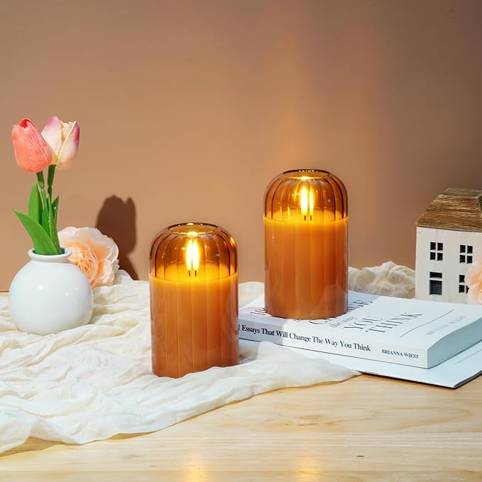 Homemory Glass Flameless Candles, Battery Operated Plliar Candles Realistic Flickering, LED Electric Light with Remote and Timer for Home, Christmas Decoration, Orange, Set of 2