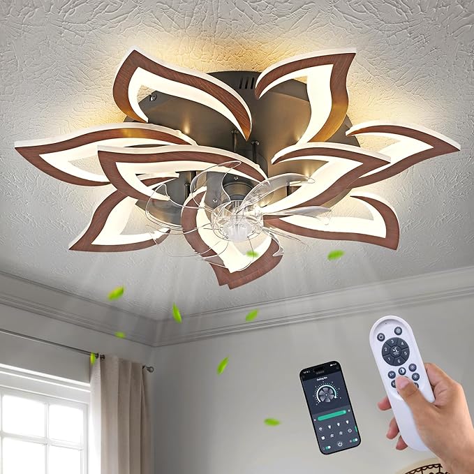 Modern Ceiling Fan with Light and Remote, Low Profile Ceiling Fans with Lights, 32 Inch Flush Mount Ceiling Fan with 3 Light Color 6 Speeds, Fandelier Ceiling Fans for Living Room (Malnutcolor)