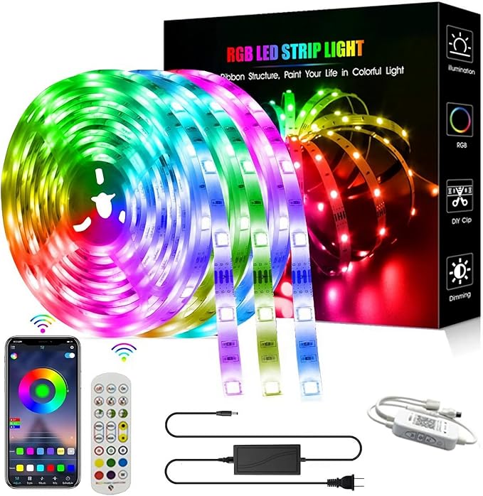 Smart Wi-Fi RGB LED Strip Lights, Music Synced, Color Changing with Remote, App Control for Bedroom Home TV Bar (49.2 FT)
