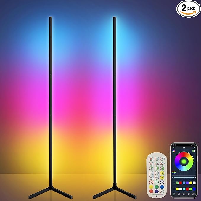 Corner Floor Lamp,65”Color Changing LED Floor Lamp with Music Sync,Modern Mood Lighting Corner Lamp with Remote&App Control,Creative DIY Mode&Timing,RGB Floor Lamps for Living Room Gaming Room-2PCs