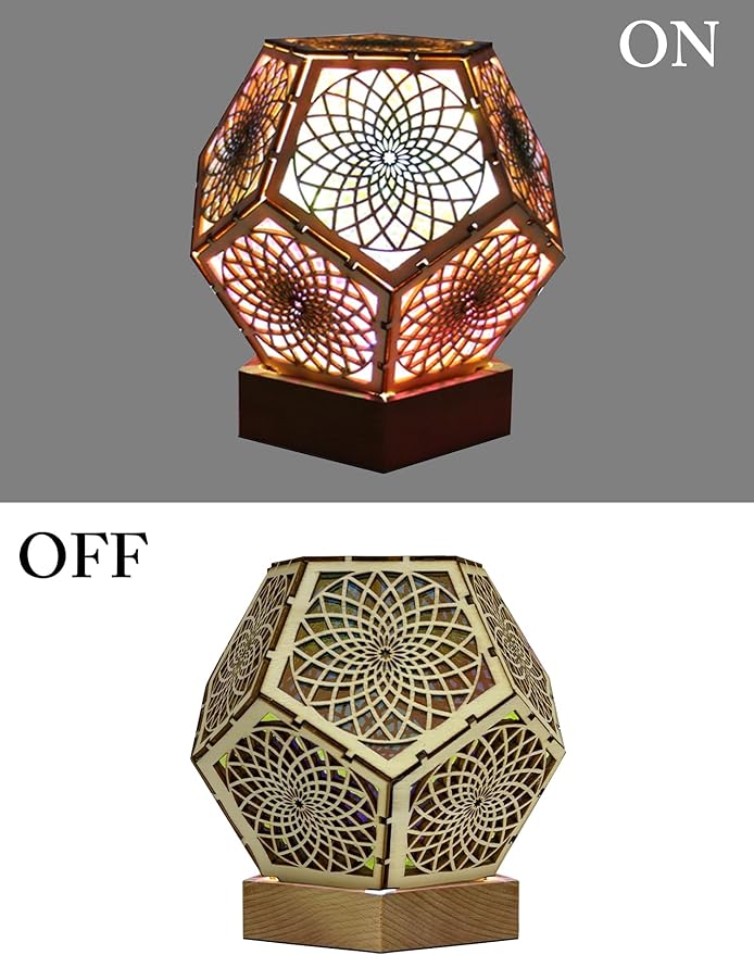 Starlight Projector Lamp,Boho Ambient Lighting Infinity Dodecahedron Art Night Light, Wooden Colorful LED Lights for Bedroom Vintage Room Decor Aesthetic Unique Gifts (Pentagonal)