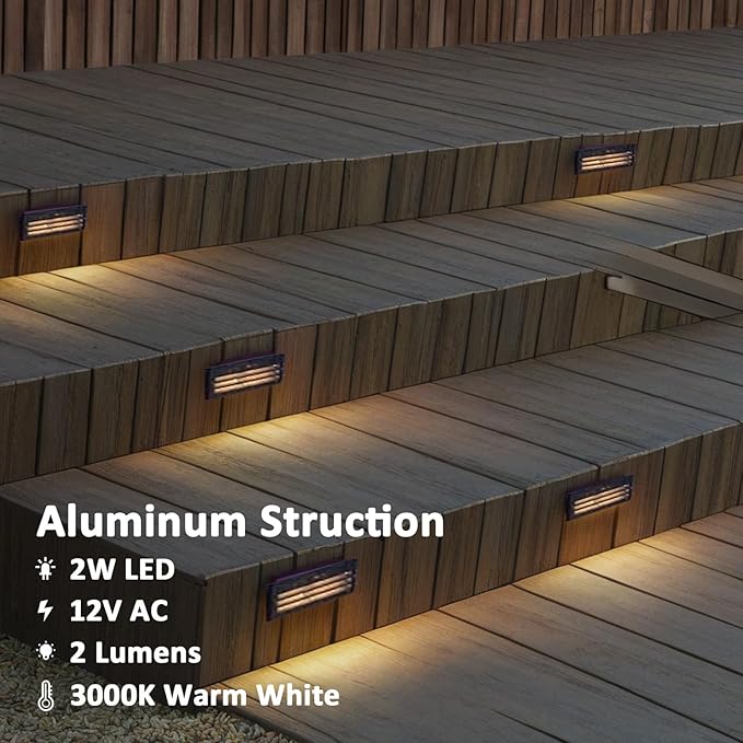 Low Voltage Step Lights 2PK Landscape Lighting Stair Lights 3000K Warm White 2W Outdoor Lights Warm White Light Aluminum Housing Stairway Deck Light with Connector