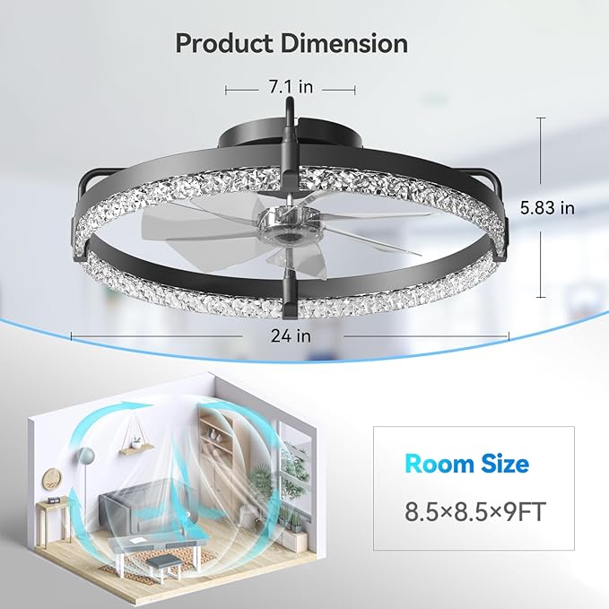 addlon Ceiling Fans with Lights and Remote, 24'' Low Profile Ceiling Fans, 3000-6000K Dimmable Modern Flush Mount LED Fan Light, Fandelier Ceiling Fan for Bedroom, Kitchen, Living Room, Black