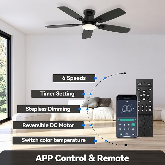 SUNMORY 42" Ceiling Fans with Lights and Remote/APP Control, Low Profile Ceiling Fan with Light, Reversible, Quiet 6 Speeds, Stepless Dimmable, Flush Mount Ceiling fan for Bedroom Indoor/Outdoor Use