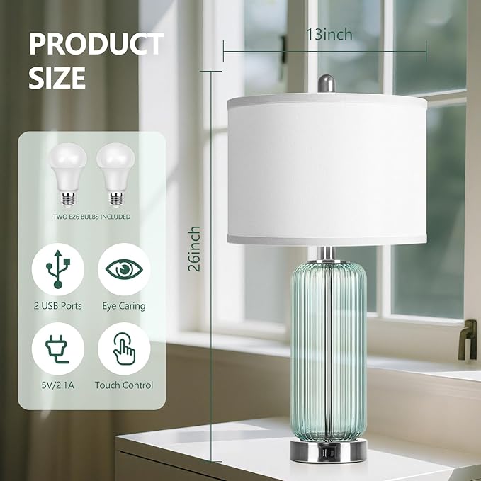 Table Lamps Set of 2 with Vertical Grained Glass, Teal Bedside Table Lamp, 3-Way Dimmable Nightstand Lamp with Touch Control, 27" Modern Glass Bedside Lamps with USB A+C Ports, Desk Lamp for Bedroom