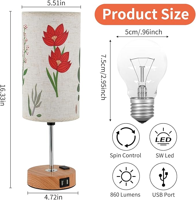 Flower Touch Table Lamp,3-Way Dimmable Bedside Lamps with USB Port and Outlet,Cute Lamp with Wood Grain Base,Vintage Lamp for Bedroom,Room Decor,flower1