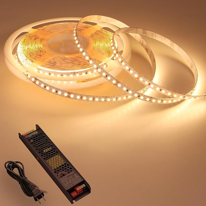 24V LED Strip Light Kit 32.8ft, 3000K Warm White Cuttable Flexible LED Tape Lights, SMD 2835 150W with Power Supply for Bedroom, Commercial, Kitchen, Living Room Ceiling