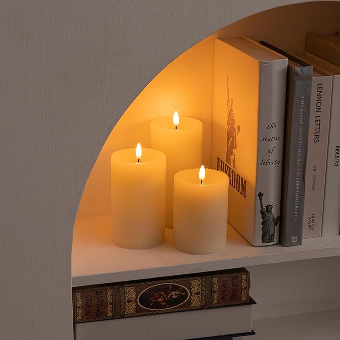 Flickering Flameless Candles with Remote, Real Wax Battery Operated Candles with Timer, Ivory LED Pillar Candles for Wedding/Christmas/Home Decor,Set of 3(Threaded Style)
