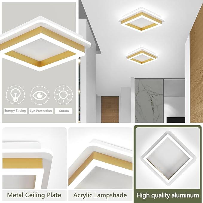CANEOE 3 Packs Square Flush Mount Ceiling Light, 6000K Black Modern LED Ceiling Light Fixture, Minimalist Hallway Lighting Fixture Ceiling Lamp for Hallway Entryway Bedroom Balcony (Gold)