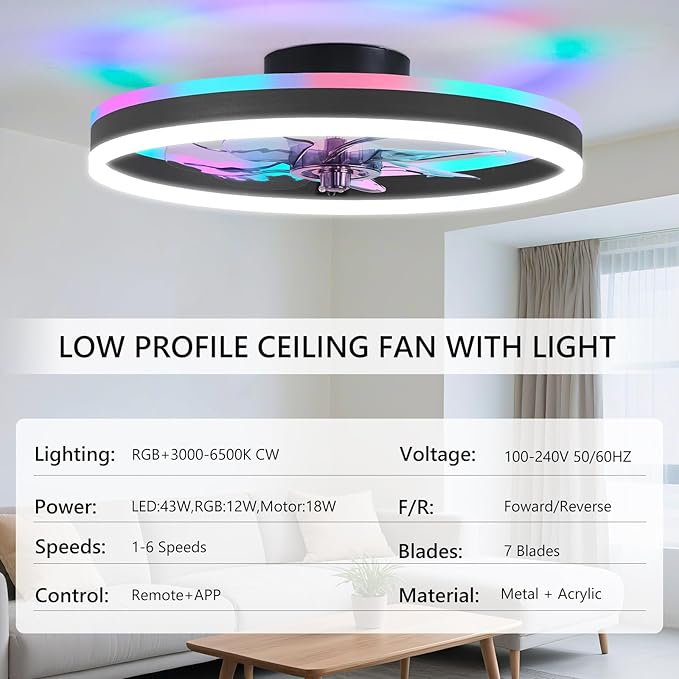 RGB Ceiling Fans with Lights, 19.7" Smart Low Profile Ceiling Fan, Modern Flush Mount Fandelier Light with Remote/APP Control, Dimmable Led Ceiling Fan Light for Living Room, Bedroom, Indoor