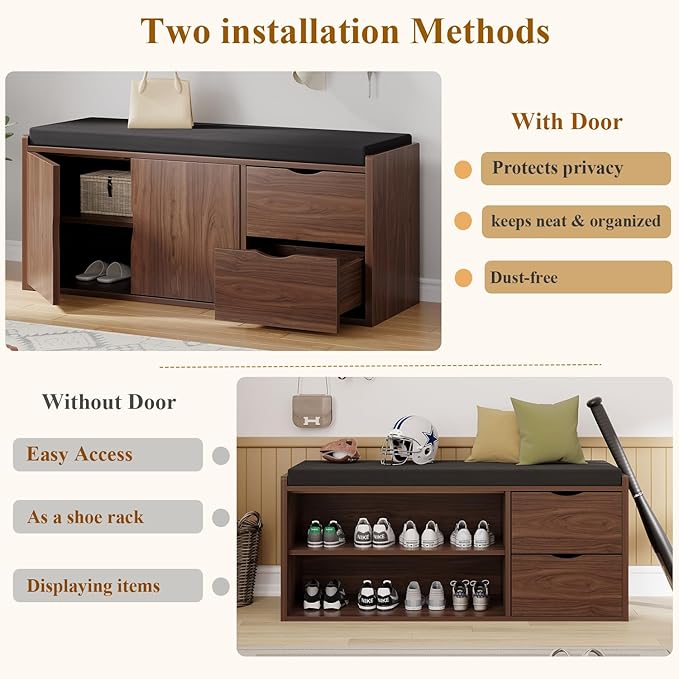 LVB 40” Entryway Storage Bench with Padded Seat Cushion, Wood Hidden Shoe Organizer Bench with 2 Drawers Cabinet, Industrial Shoe Bench for Foyer Entrance Living Bedroom, Walnut Oak, 40 inch