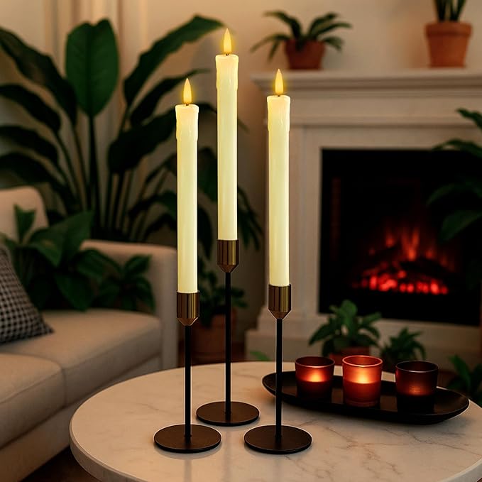 Homemory 6 PCS Real Wax Flameless Taper Candles with Remote, Flickering LED Candlesticks with Timer Dimmer, Fake Candles for Xmas Wedding Celebration Decor, Ivory, 9.6 Inches