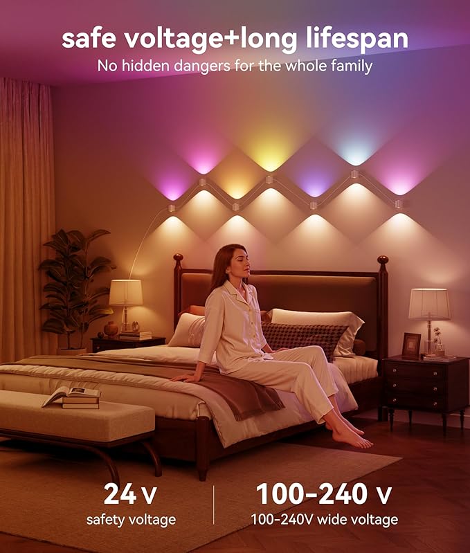 12-Light RGBCW Wall Sconce Light, Up/Down Bedroom Wall Lights, Music Sync, DIY-Styling Color-Changing Wall Lamps for Living Room Party Home Decor, Works with Alexa/Google Assistant, 31.8ft