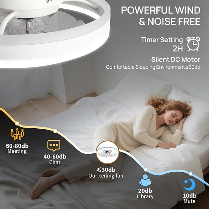 RGB Ceiling Fans with Lights, 16" Fandelier Low Profile Ceiling Fan with Light, Modern Flush Mount Ceiling Fan Light with Remote/APP Control, Bedroom Chandelier Fan Fixture for Indoor(White)