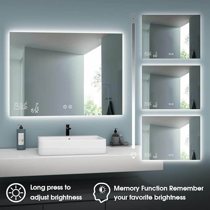 BYECOLD Smart Bathroom Mirror with Bluetooth 36”X 24” WiFi Enabled Weather Display, Fog Free, Backlit Frameless Brightness Adjust, Memory Function Touch Sensor - Horizontally Only