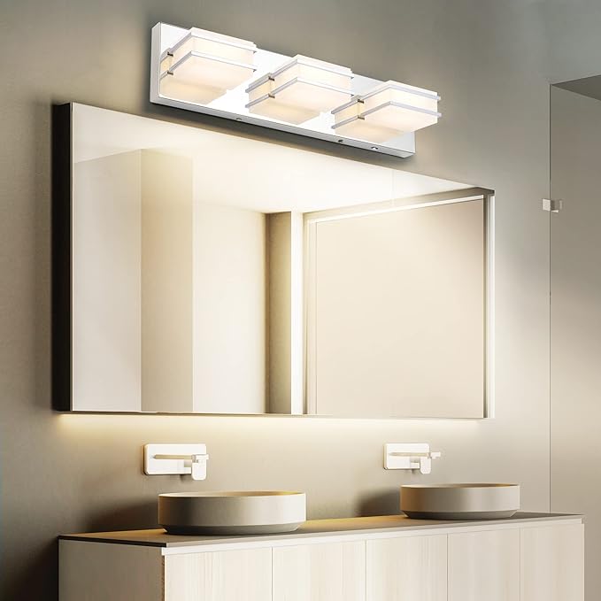 3 Color Temperature Dimmable Bathroom Light Fixtures over Mirror, LED Chrome 3 Light Vanity Lighting Fixtures, Acrylic Stainless Steel Square Shade Vanity Lights for Bathroom, ETL Certificated