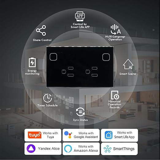 WiFi Smart Wall Outlet, Outlet Compatible with Alexa and Google Home, Smart Tuya Socket with Energy Monitoring and Timer, Dual Sockets2.4GHz WiFi Only, Black 1 Pack