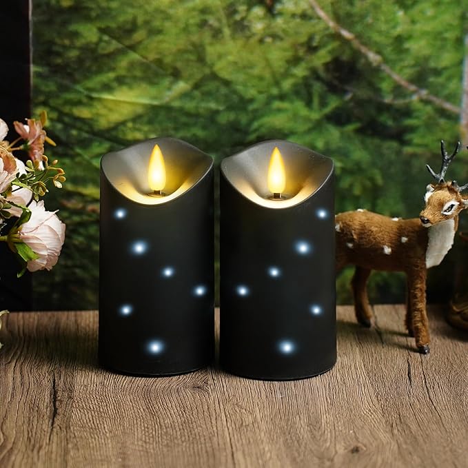 Outdoor Waterproof Flickering Flameless Candles with Embedded Star String,2Pcs LED Pillar Candles Battery Operated with Remote and Timers for Courtyard,Porch,Camping,Holiday Decoration(Black)