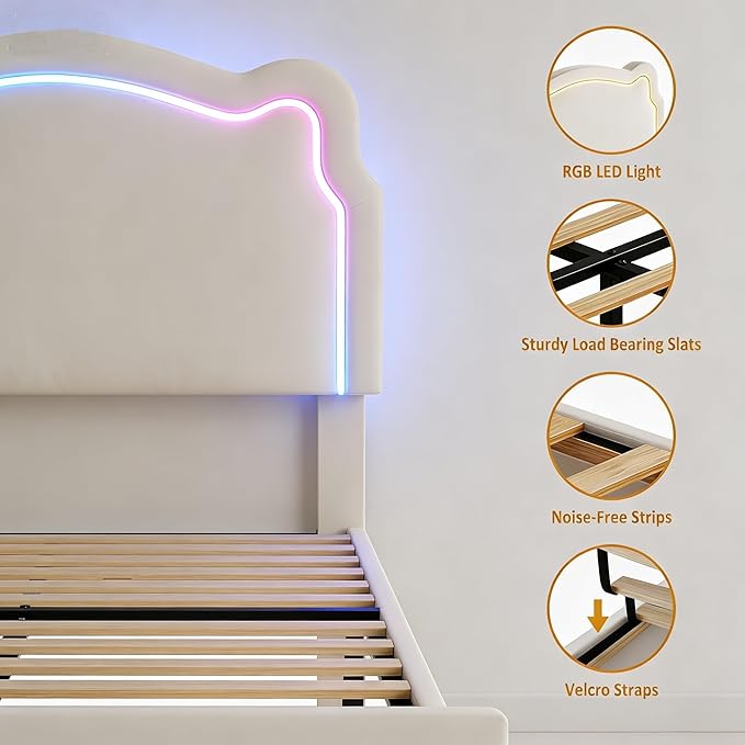 GarveeHome Twin Upholstered Smart LED Bed Frame with Headboard, Velvet Princess Platform Bed Frame for Kids, Wooden Slats Support, No Box Spring Needed (Off-White)