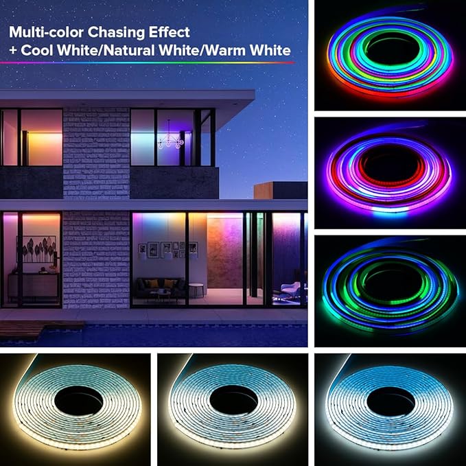 BTF-LIGHTING FCOB WS2814 IC RGBW 3000K COB LED Strip Flexible High Density Uniform Chasing Color Light 16.4FT DC24V 784LED/m 14IC/m 10mm Width for Home Indoor Decor(No Adapter or Controller)