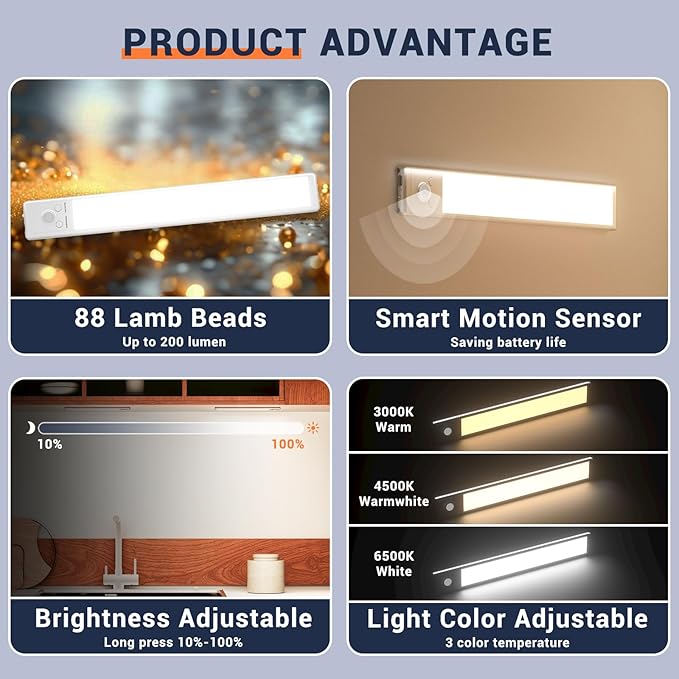 Under Cabinet Lights, 88 LED Motion Sensor Light, 2200mAh USB Rechargeable, Magnetic Dimmable Closet Lights, 3 Color Temperature, 2 Pack for Kitchen, Stairs, Closet (12inch-2Pack)