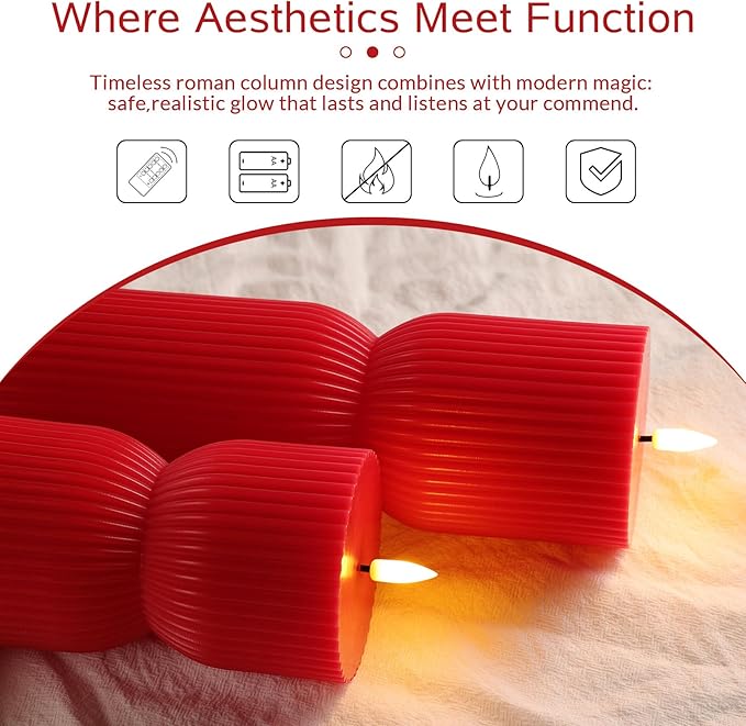 Red Ribbed Flameless Pillar Candles with Remote, Battery LED Wax Candles Flickering Valentines Day Decor Gift Set of 2