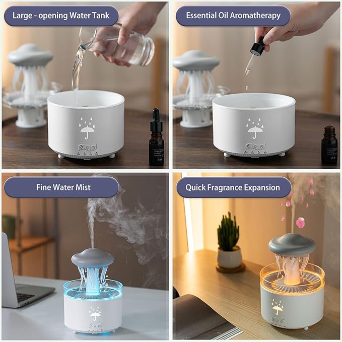 Rain Cloud Humidifier Water Drip, 300ML Rotating Jellyfish Aroma Diffuser with Remote &Timer, 7 Colors Mood Light Air Humidifier Raindrop Humidifiers for Bedroom Desk Funny Gift (White)