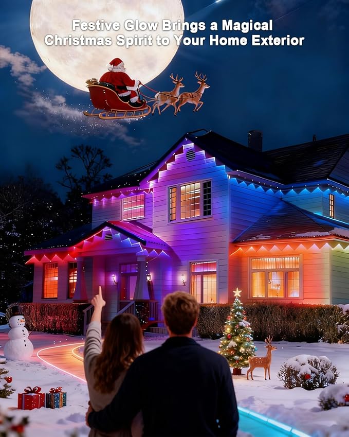 Permanent Outdoor Lights for House,200FT RGB IC Smart Permanent Eave Lighting with App/Remote Control,IP67 Waterproof,Music Sync,DIY Color Scenes,Year-Round Eaves Lighting for House Roof Decor