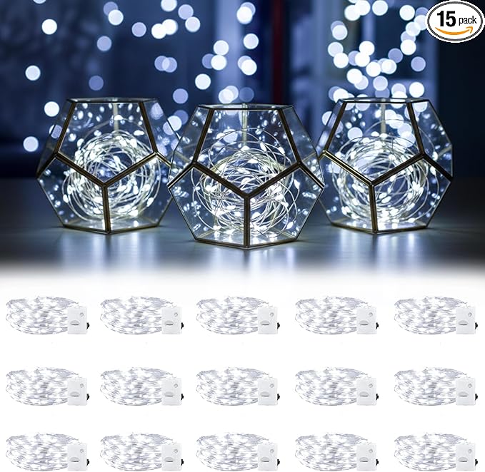 DomeStar 15Pack Fairy Lights Battery Operated, 7Ft 20 LED Waterproof String Lights Wire Firefly Starry Moon Light for DIY Mason Jars Party Centerpiece Table Valentine's Day Decorations Tree Ornament